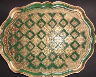 Italienisches Tablett - Großes Vintage Gold 33 x 42 cm mit grünem Florentiner Frühstückstablett - Küche, Restaurant, Bauernhausdekor