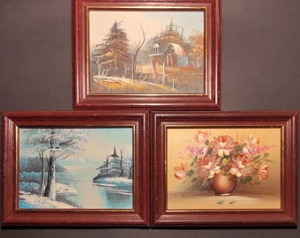 Set of 3 Small Vintage Wooden Frames with Original Oil Paintings Landscapes, Flowers / Old Brown with Gold Frames Without Glass