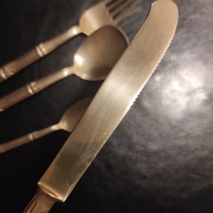 Vintage bronzenikel set 40 pieces of cutlery with bamboo-shaped handles. Cutlery with the inscription nickel bronze. Brass cutlery set. image 10