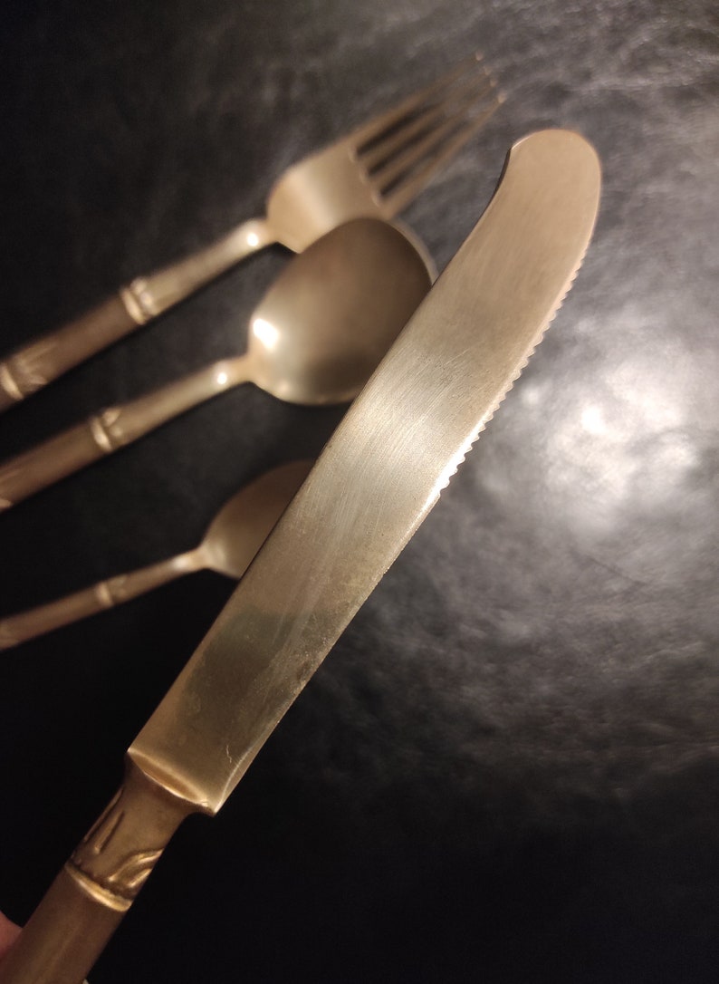 Vintage bronzenikel set 40 pieces of cutlery with bamboo-shaped handles. Cutlery with the inscription nickel bronze. Brass cutlery set. image 10