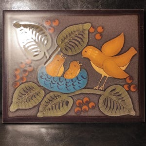 Sztuka płytek ceramicznych w stylu vintage z lat 70. i 80. XX wieku / Dekoracyjna niemiecka płytka ceramiczna z ptakami do kolekcji, dekoracja ścienna / Duża, 7 3/4" x 9 3/4" (19,8 x 24,8 cm)