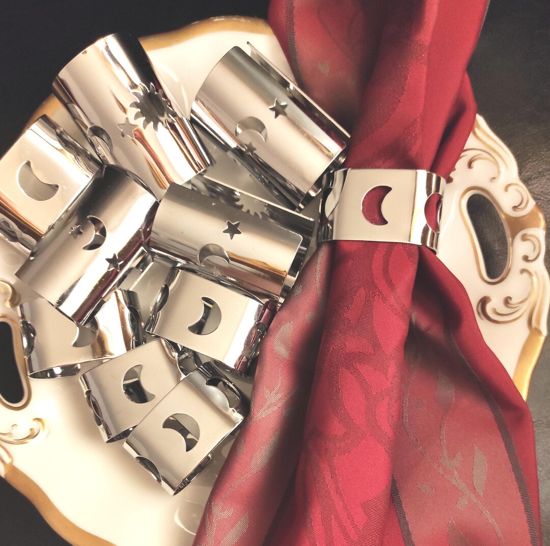 Set of 10 Assorted Silver Tone Steel Napkin Rings With Stars and Moon ...