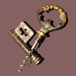 Vintage brass corkscrew in the shape of an antique door key with a vine design - a vintage corkscrew for your bar, collection, for gift