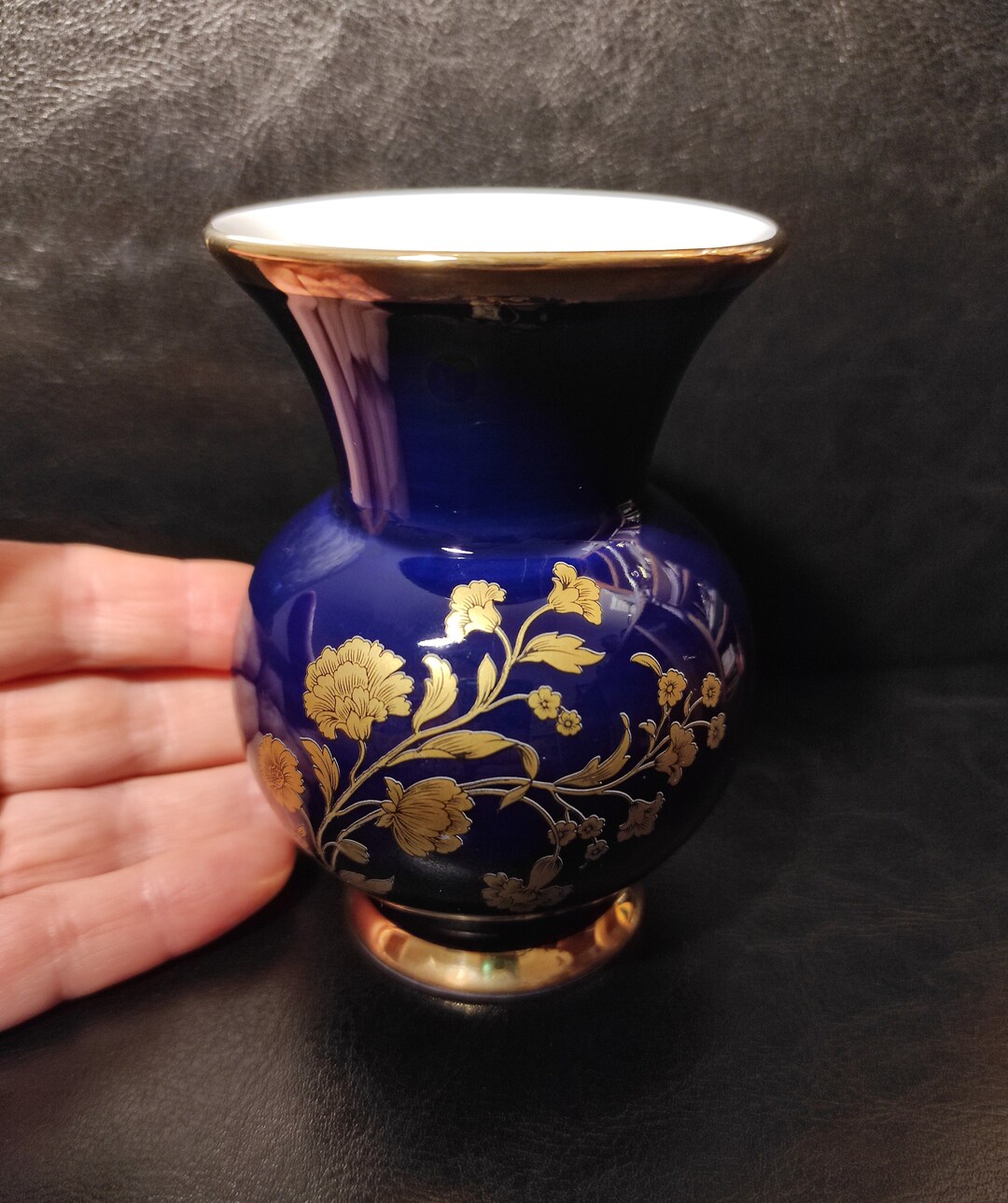 Vintage Small Cobalt Blue Vase With Gold Roses, Made by Royal Porzellan