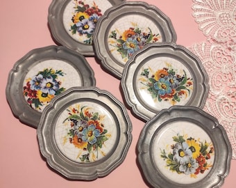Coasters Set of 6 Vintage German Pewter Floral Coasters / Mid Century Coasters for Serving, Kitchen, Farmhouse, Restaurant or Bar Decor