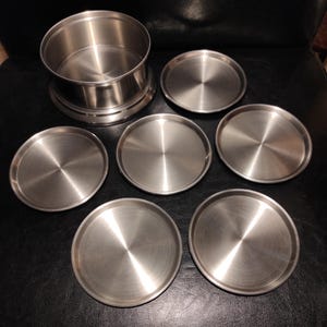 Set of 6 Vintage Steel Coasters and Bottle Holder Mid Century - Stainless Steel Silver Tone Coasters for your Kitchen, Bar, Restaurant