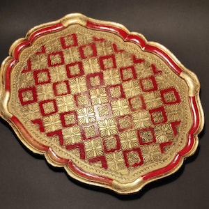 Large Vintage Florentine Serving Decorative Ornate Breakfast Tray Golden Red - Old Very Large  Italian Shabby Red Gold Tray