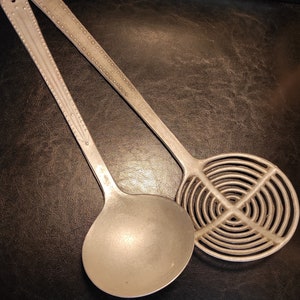 Vintage Aluminum Kitchen Skimmer or Ladle - Large old kitchen utensils for vintage kitchen decor, restaurant or for photo props