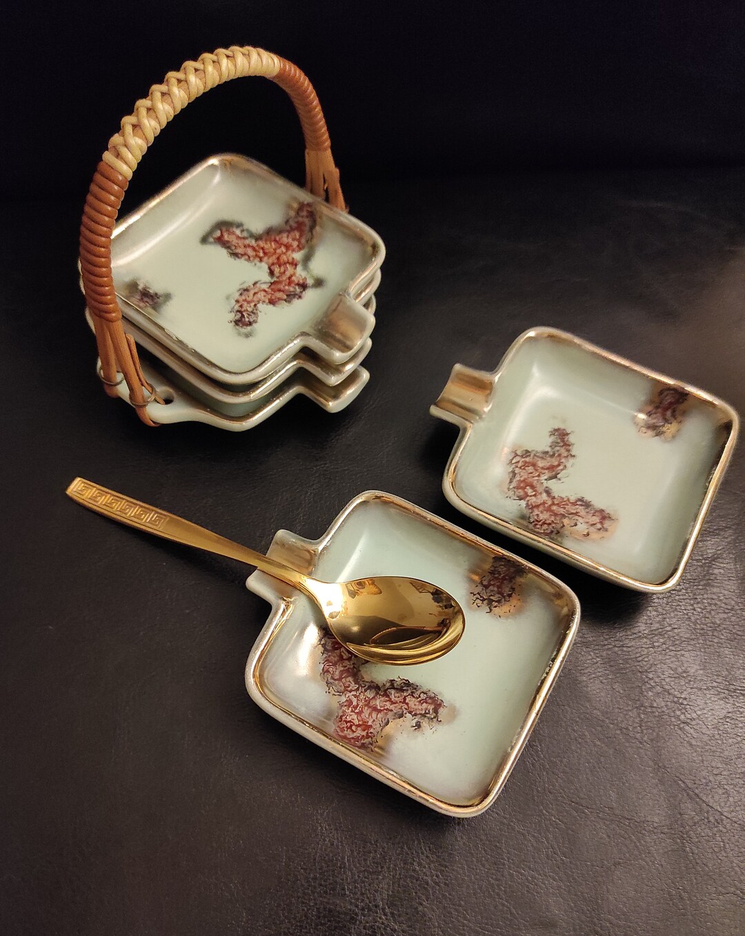Set of Five Vintage German Ceramic Serving Coasters With Holder ...