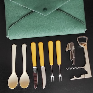 Vintage German camping set of bottle openers and cutlery - Set of travel cutlery, can opener, corkscrew and bottle opener