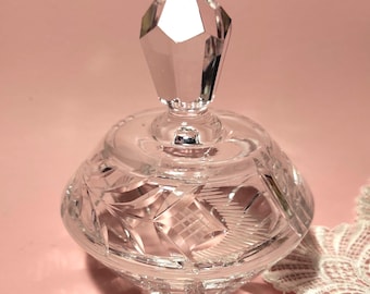 Vintage Hand-polished Lead Crystal Trinket Box / Round Mid Century Lead Crystal Jewelry Box / Crystal Candy or Powder Box, Bowl with Lid