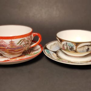 Set of 2 Different Vintage Porcelain Japanese Small Moch Cups and Saucers/Beautiful Antique Caffee Cups for collection, decoration, display