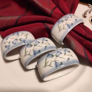 Vintage Set of Four Porcelain Napkin Rings with Subtle Blue Flowers - Mid Century Porcelain Napkin Rings for Table Setting in Light Blue
