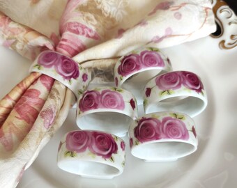 Set von 6 Vintage Porzellan Serviettenringen/deutsche Serviettenringe mit Rosenmuster
