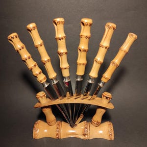 Solingen Vintage Set of 6 Small Fruit or Dessert Knives with Bamboo Handles - A set of German small serving fruit knives with a bamboo stand