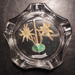 Vintage Glass Ashtray with Real Edelweiss/Old Glass Ashtray with Alpine Symbol for Gift, Collection, Display, Home Decor, Hotel, Farmhouse