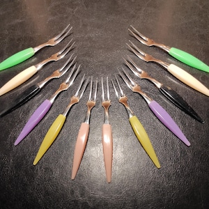 Set of 12 small vintage fruit forks - vintage small multi-colored forks for a retro party
