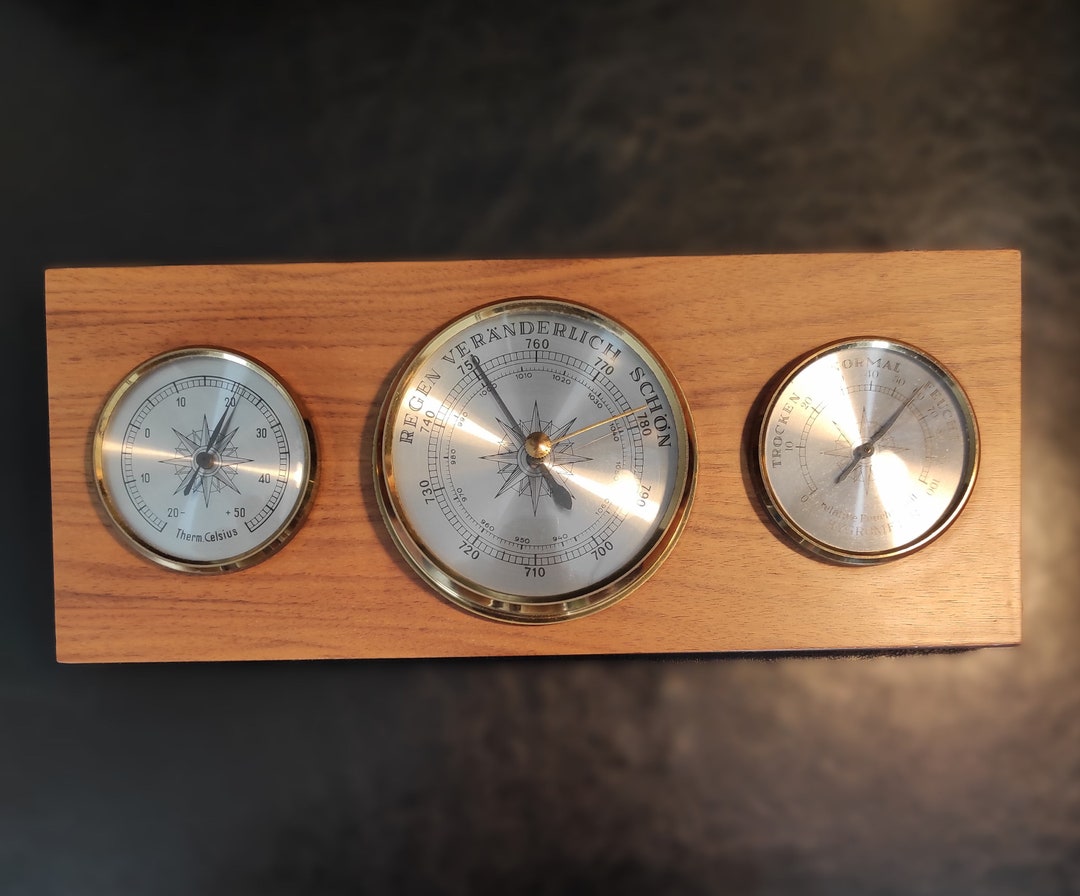 Baromètre Thermomètre Ancien En Bois - Instrument Météo Anéroïde - Made In France