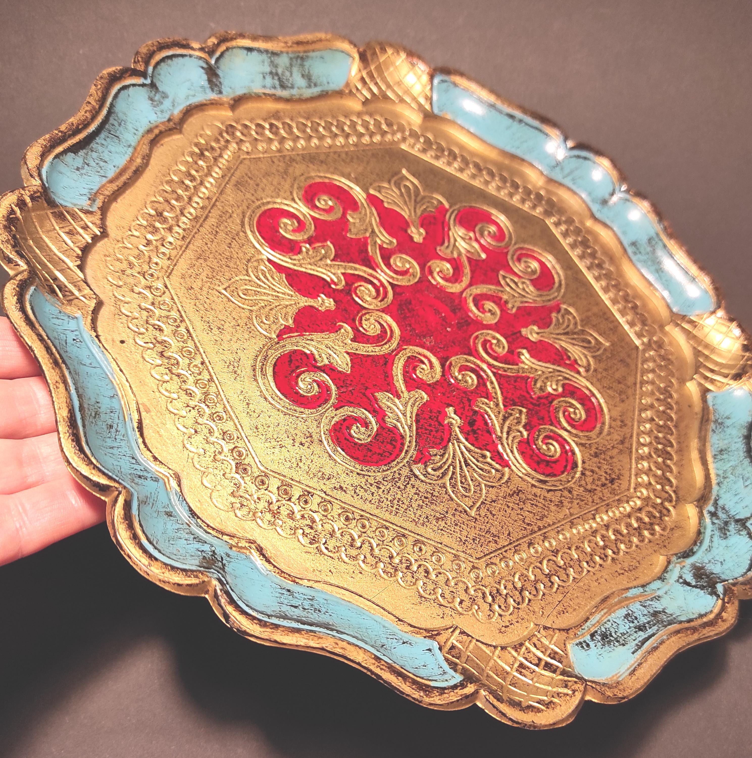 Vintage Italian Round Gold and Blue Tray / Florentine Ornate Hand ...