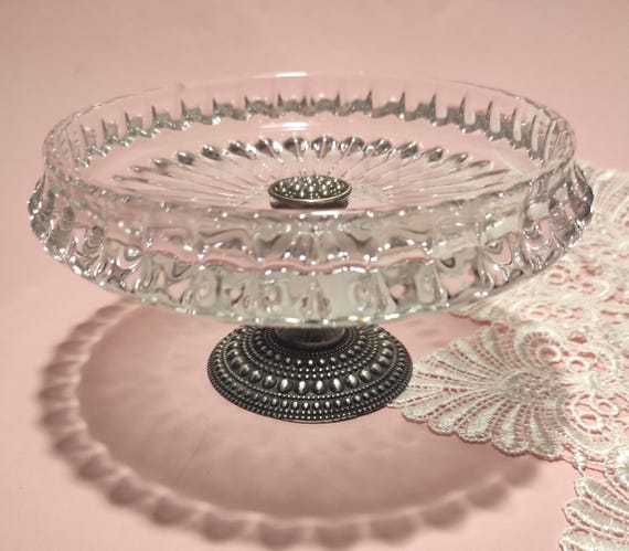 Vintage Lead Crystal Candy Bowl on Silver-Tone Pedestal / Antique Crystal Vessel for Candies, Nuts, or Trinkets — Germany, mid-20th Century