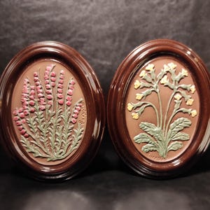 2er Set vintage ovale Keramik braun Blumenrahmen/Wand Kunst schwedische botanische Blume Keramikfliesen / botanische Fliese in ovalen Rahmen