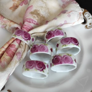 Set of 6 Vintage Porcelain Napkin Rings/German Serving Napkin Rings with Floral Rose Pattern