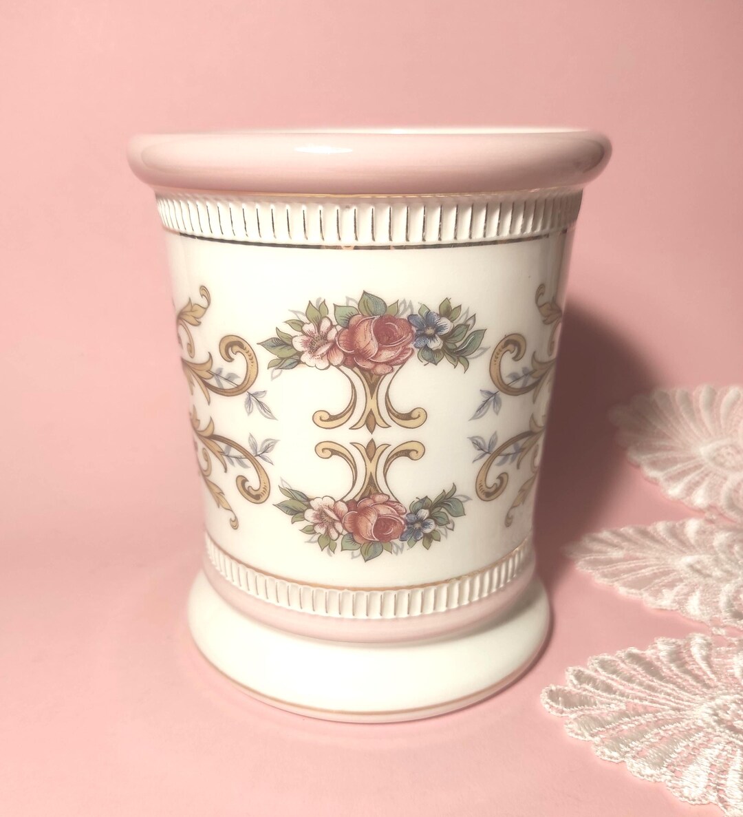 Vintage Porcelain White With Pink and Gold Flower Vase, Mid-20th ...