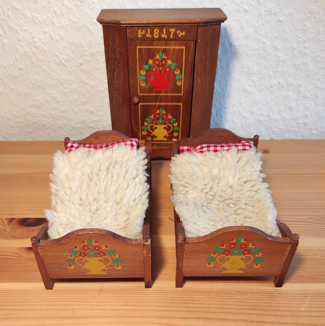Vintage German Doll Furniture. Rustic Dollhouse Bedroom. Antique Doll