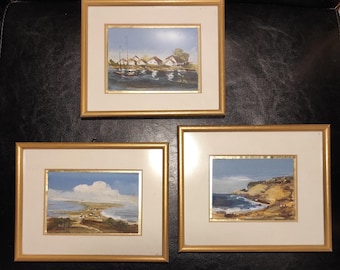 Wooden Frames with Original Paintings / Set of 3 Vintage small frames with glass covering and with seascapes painted on hardboard