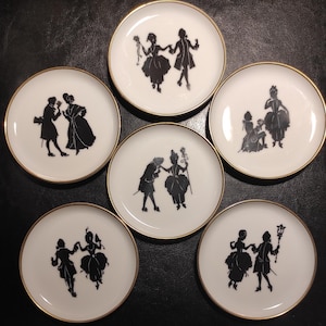 Alka Kunst&Kaiser butter pats/Set 6 Vintage AK Kaiser German porcelain white coasters with black silhouette design of gallant paired scenes