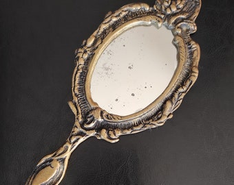 Vintage brass vanity mirror - Decorative brass large hand mirror