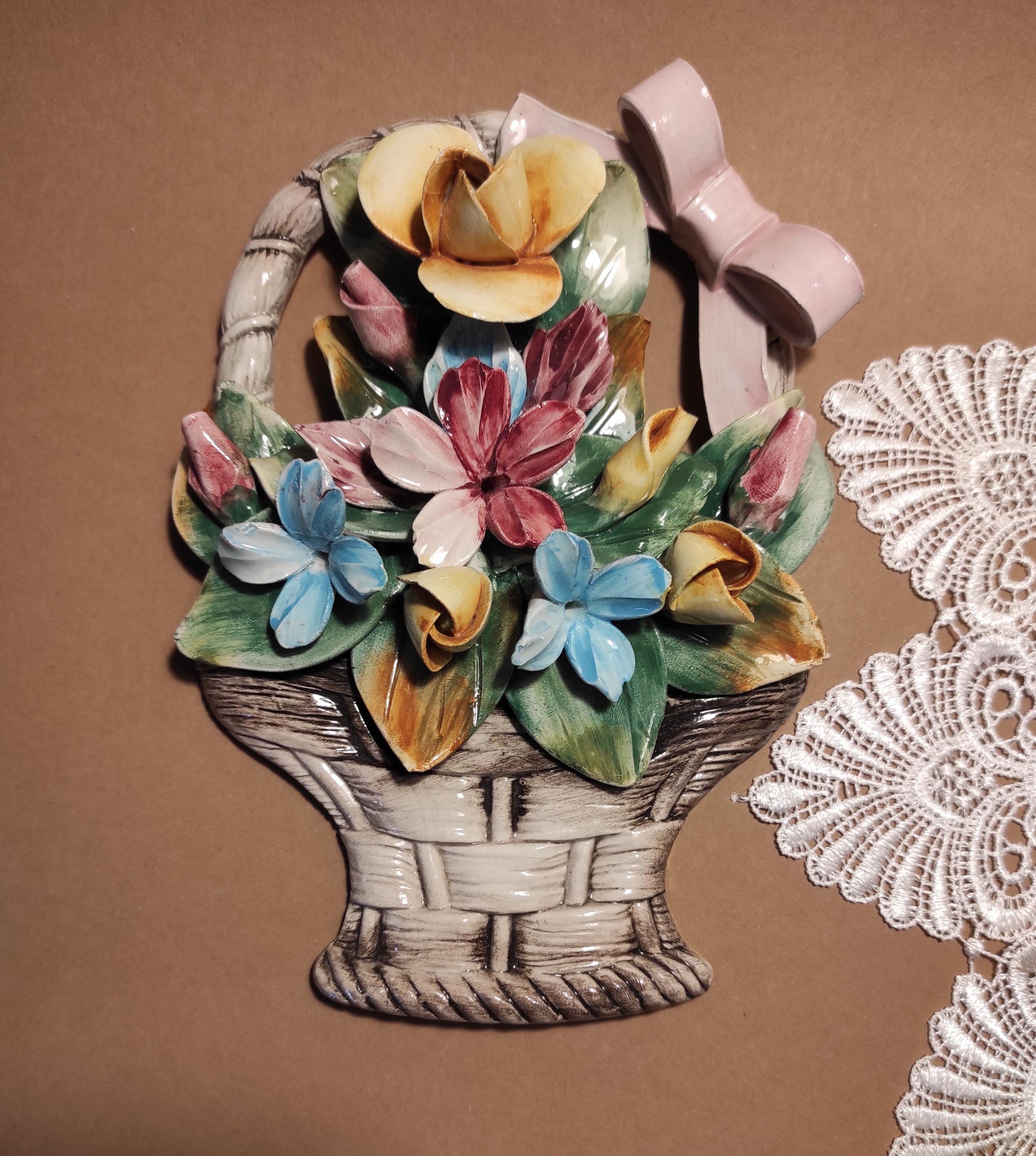 CAPODIMONTE★ブーケ★陶花★イタリア★壁掛 Vintage Capodimonte Italy Wall Plaque Basket of Flowers, Hand