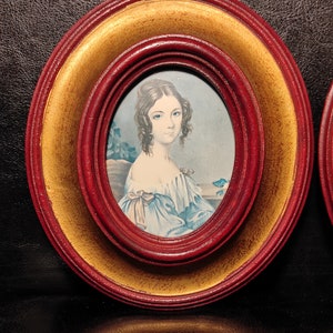 Antique gold and brown wooden oval frame with glass and old paper prints/frame for photos, paintings or your other creative projects