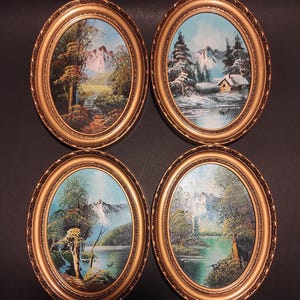 Set of 4 Vintage Oval Plastic Gold Small Frames Without Glass with Oil Paintings on Hardboard