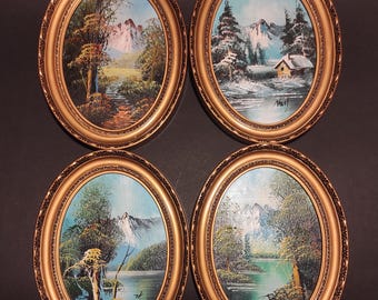 Juego de 4 marcos pequeños vintage ovalados de plástico dorado sin cristal con pinturas al óleo sobre cartón duro