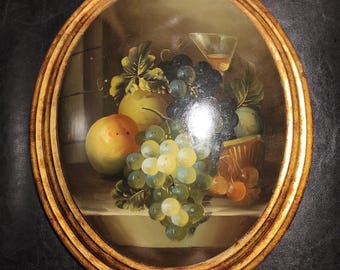 Gold Frame - Large Vintage Gold Oval Italian Frame with Convex Oil Painting / Old Distressed Mid-century Gold Frame