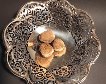 Grande ciotola da frutta/pane vintage tedesca placcata in argento, alta 22,5 cm (8 3/4"), piatto da portata in argento