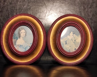 Picture Frames - Set of 2 Small Italian Golden Brown Antique Oval Wooden Photo Frames for Collection, Display, Vintage Wall Decor