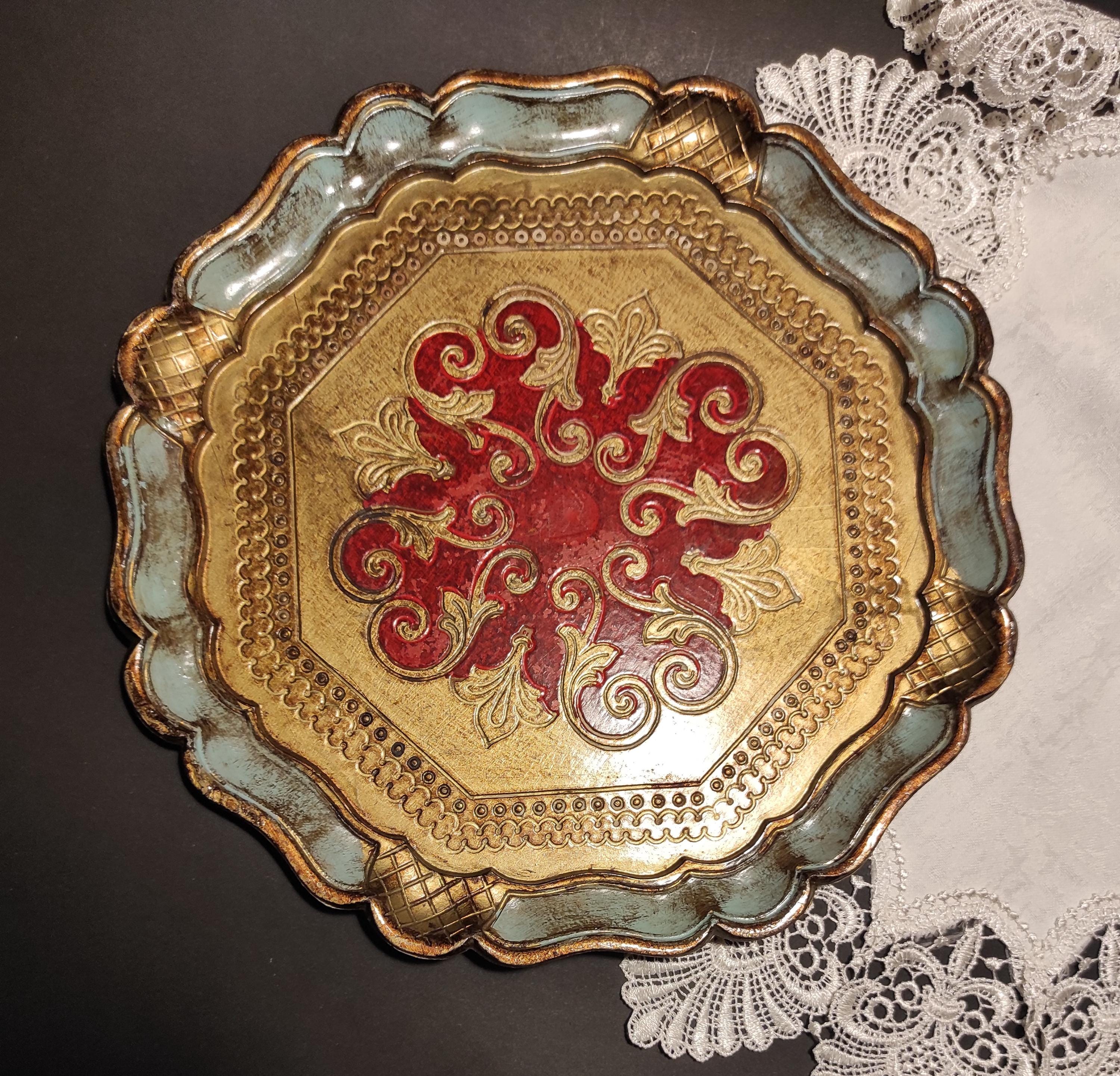 Decorative Tray Vintage Florentine Gold Red and Blue Old Round Shabby ...