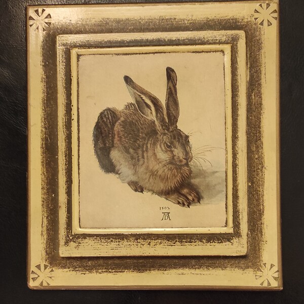 Vintage Mid-Century Frame - German 50s Fiberboard Frame without Glass Top - Old Reproduction Albrecht Durer - Young Hare, 1500s