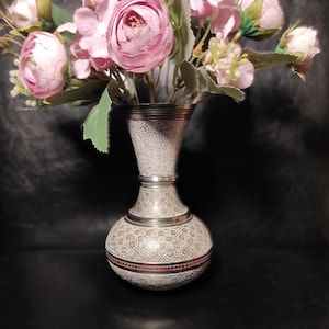 Vintage Small Metal Vase Silver Tone Engraved - Antique Mid Century Silver Plated Brass Vase