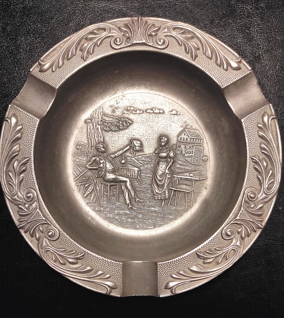 Large Vintage German Pewter Ornate Ashtray Mid Century/cigarette
