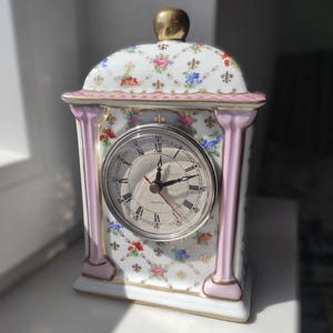 Vintage Porcelain Quartz Desk Clock with Small Flowers/White and Gold Mantel Clock with Floral Decor/mark Porcelain Manufactory MO, Handmade