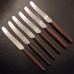 Solingen - Vintage set of 6 small stainless steel fruit knives with rosewood wooden handles/Old German dessert knives from the mid-century
