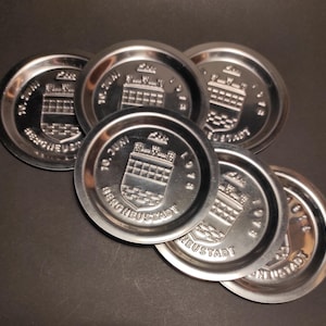 Set vintage German steel coasters 70s with city coat of arms/Steel silver tone coasters for decor and serving your kitchen, bar, restaurant