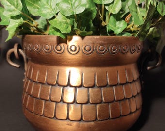 ヴィンテージ 槌目銅製植木鉢 - 植物用カシュポット - 鍛造ハンドル