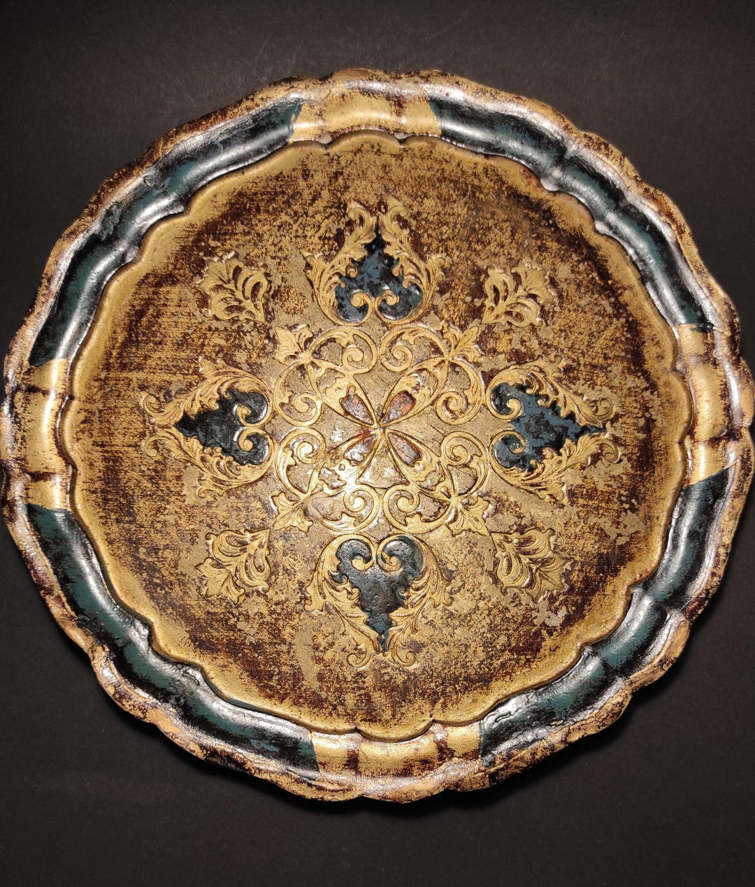 Italian Tray - Vintage Round Gold and Blue Wooden Tray - Old Florentine ...