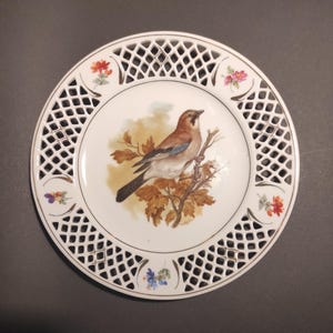 Dekoracyjny talerz ścienny - ażurowy talerz z porcelany niemieckiej w stylu vintage z motywem ptaków - perforowany talerz porcelanowy z ptakiem