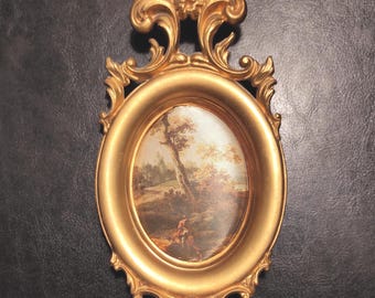 Small Golden Frame / Vintage Oval Italian Rococo Picture Frame 70s / Baroque Resin Frame With Silkscreen Printing Without Glass Cover