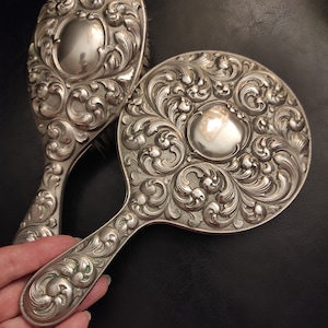 Vintage set of silver-plated cosmetic hand vanity mirror, brush/Antique silver mirror and brush for decor a vintage mid century vanity table